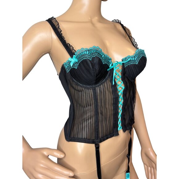 Y2K Grungy Black & Turquoise Bustier Corset Garters 32B - Picture 3 of 7